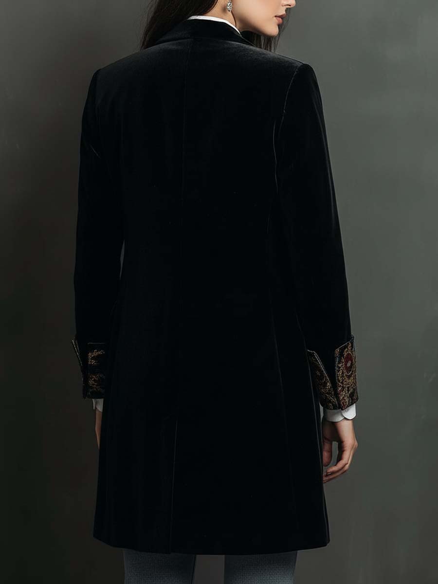 Slim Fit Black Women's Blazer with Lapels and Baroque Print