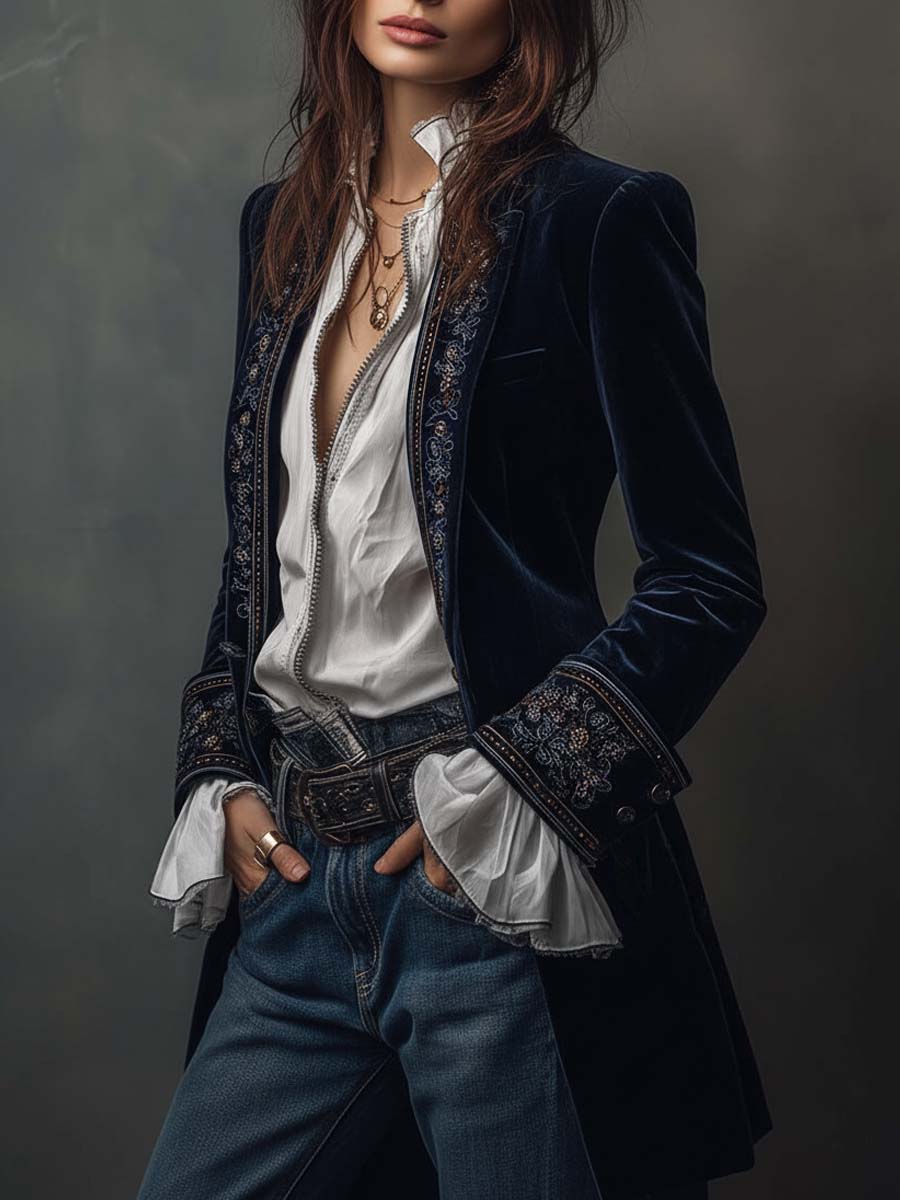 Vintage Navy Blue Embroidered Long Women's Jacket