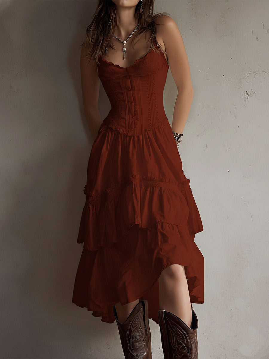 Maya | Lace-Trim Corset Tiered Midi Dress