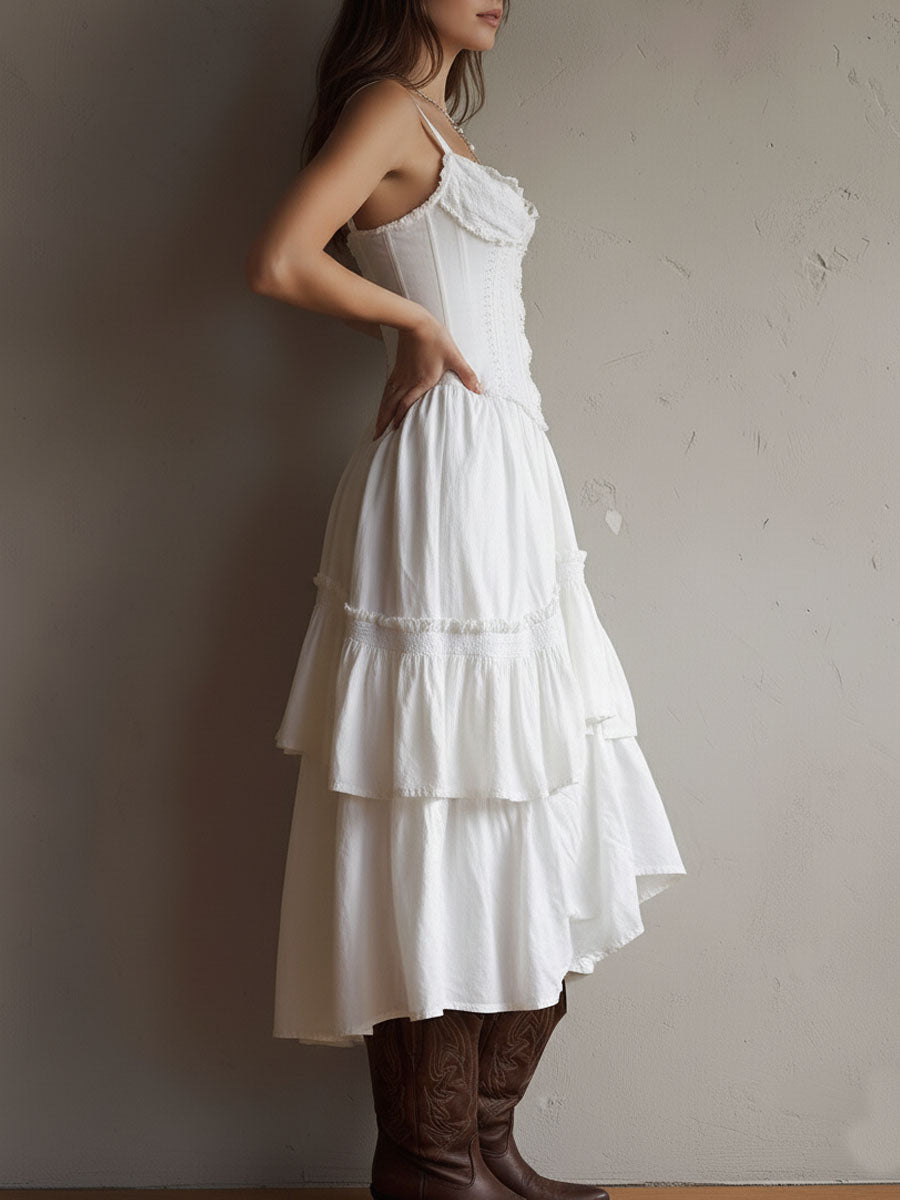 Maya | Lace-Trim Corset Tiered Midi Dress