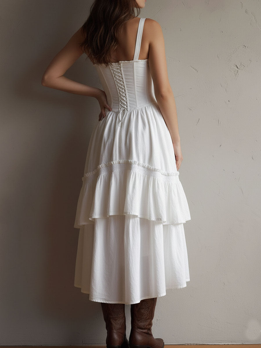 Maya | Lace-Trim Corset Tiered Midi Dress