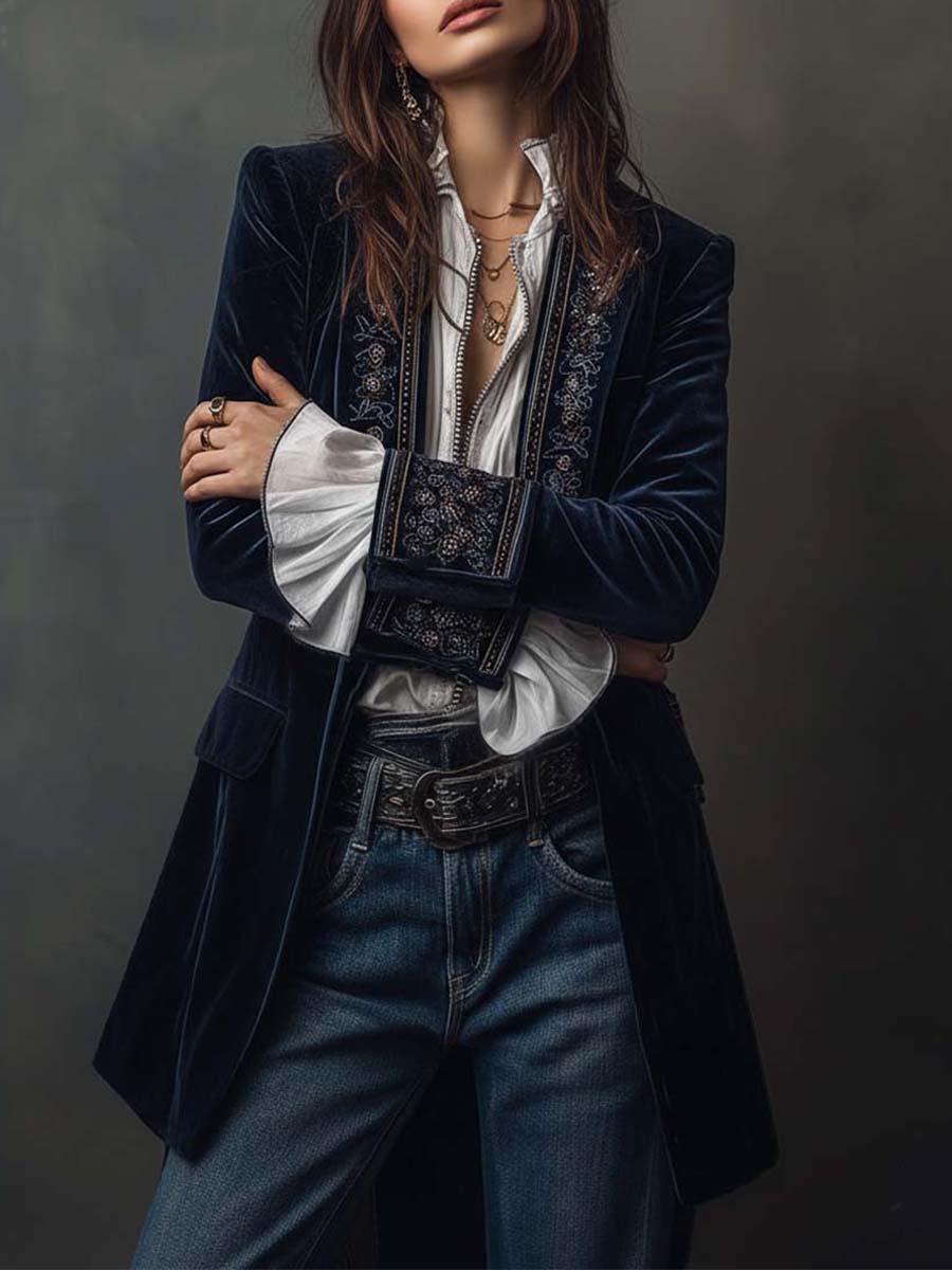 Vintage Navy Blue Embroidered Long Women's Jacket