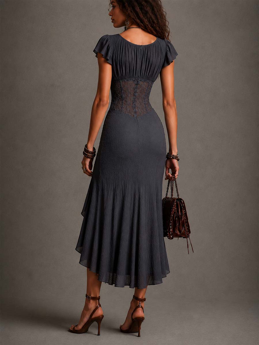 Vivian | Crinkled Cotton & Lace Midi Dress