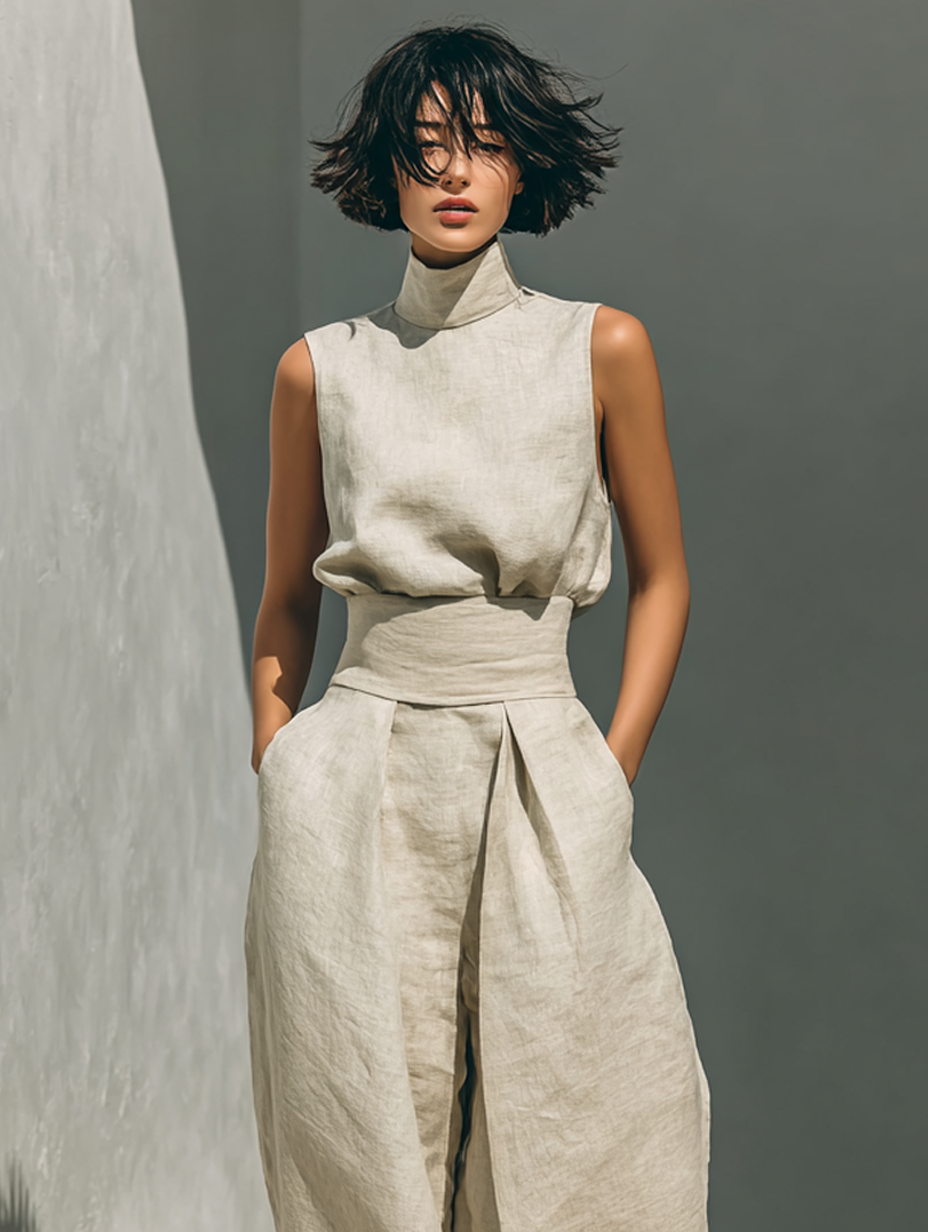 Women's minimalist set with sleeveless blouse and wide-leg pants
