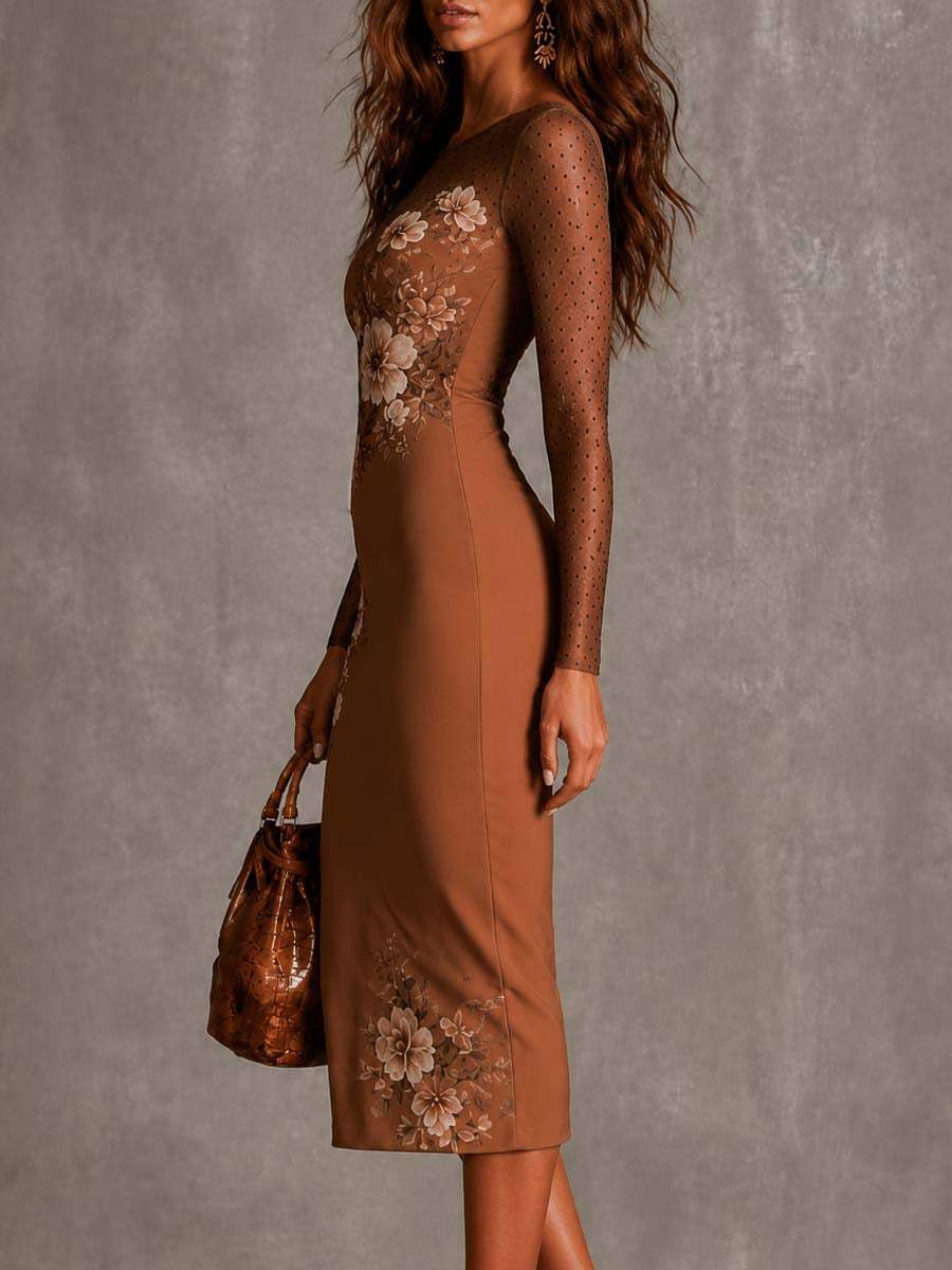 Maya | Polka Dot Mesh Long-Sleeve Bodycon Midi Dress