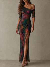 Nora | One-Shoulder Ruched Mesh Maxi Dress