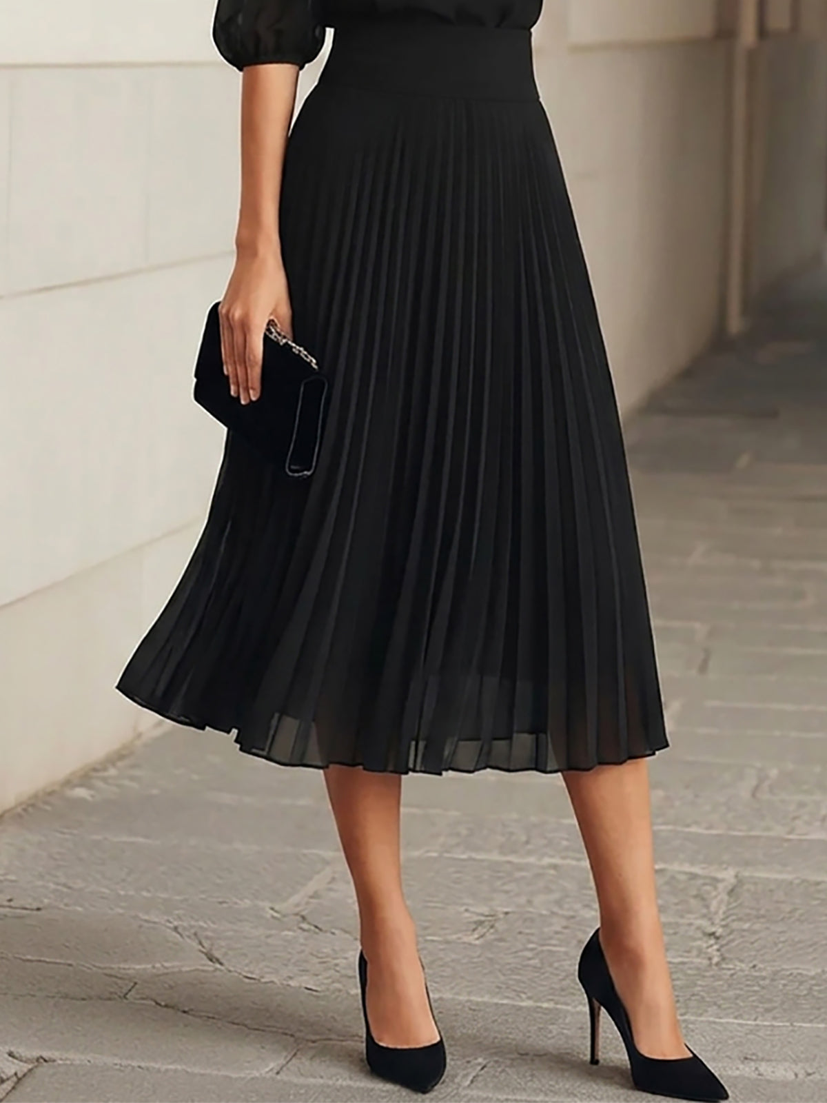 Black Chiffon Top And Pleated Midi Skirt Three Piece Set