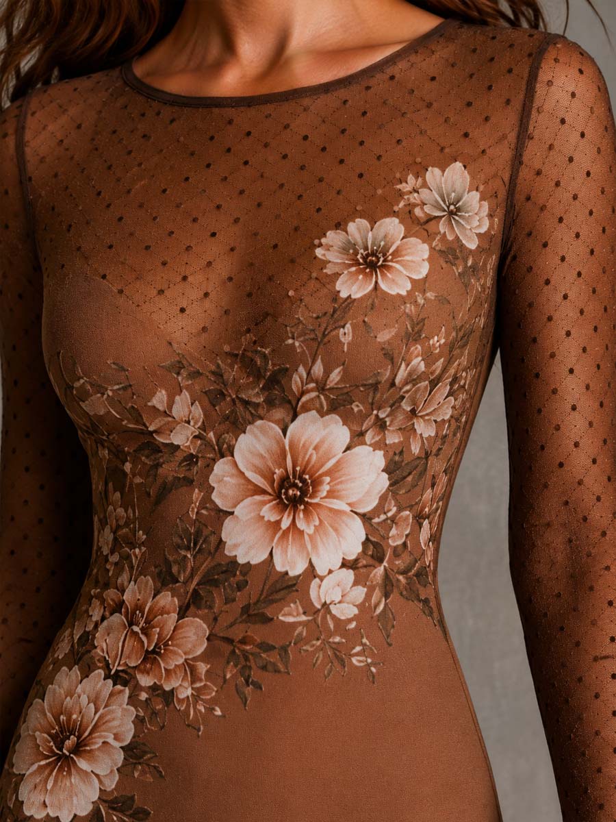 Maya | Polka Dot Mesh Long-Sleeve Bodycon Midi Dress