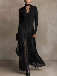 Ribbed Knit Lace Patch Maxi Dress