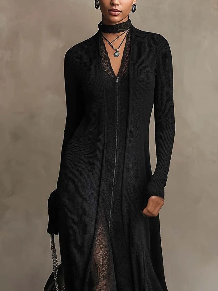 Ribbed Knit Lace Patch Maxi Dress