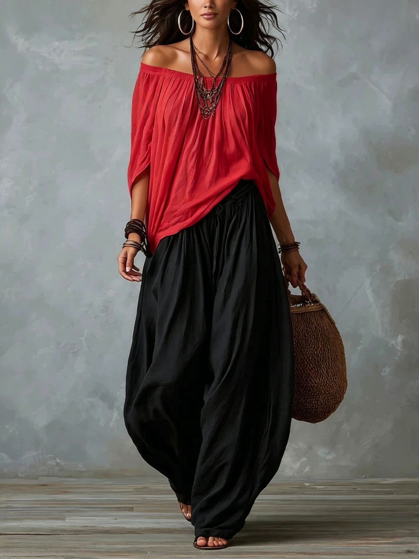 White Off-the-shoulder Top And Loose-fitting Lantern Pants Set