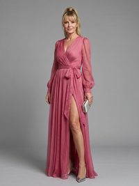 Meredith | Long Sleeve Wrap Sheer Flowing Maxi Dress