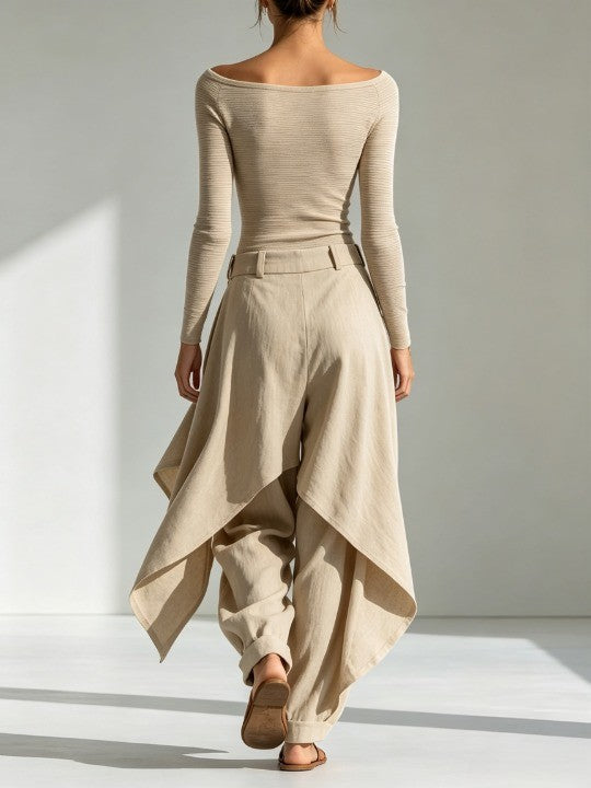 Beige Boat Neck Top and Layered Wide-Leg Trouser Set