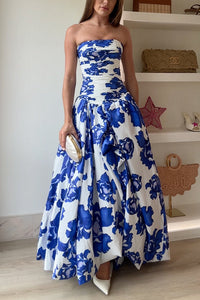 Strapless Ruched Bodice Full Skirt Floral Print Maxi Dress