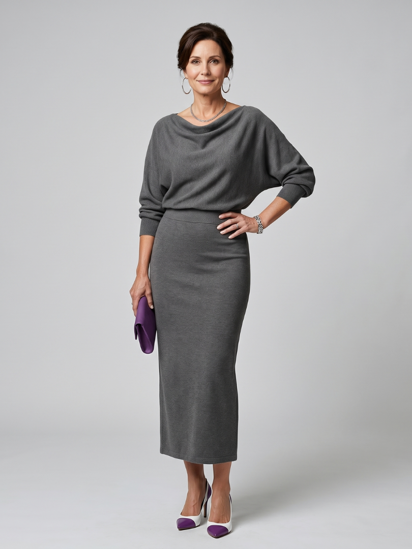 Romy | Draped Neckline Fitted Skirt Midi Dress