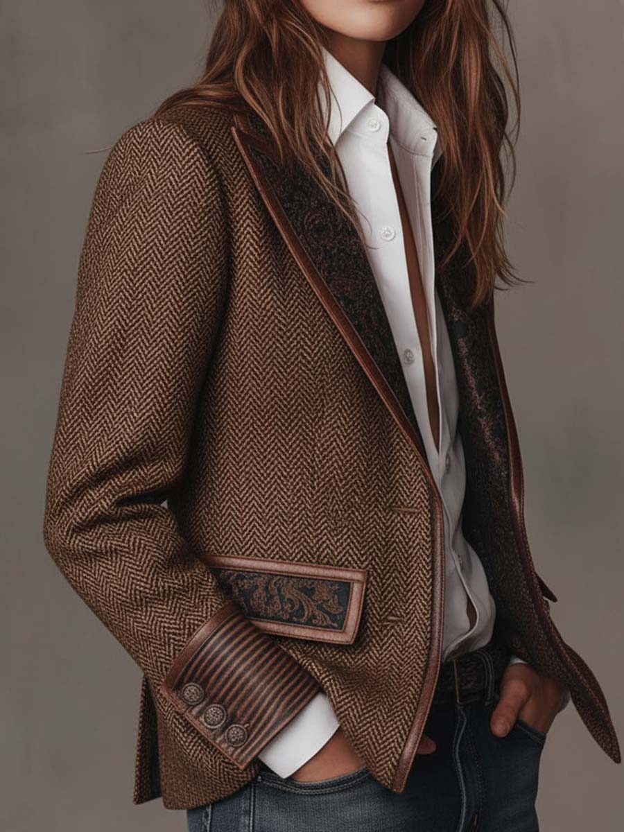 Houndstooth Women's Blazer with Printed Panels