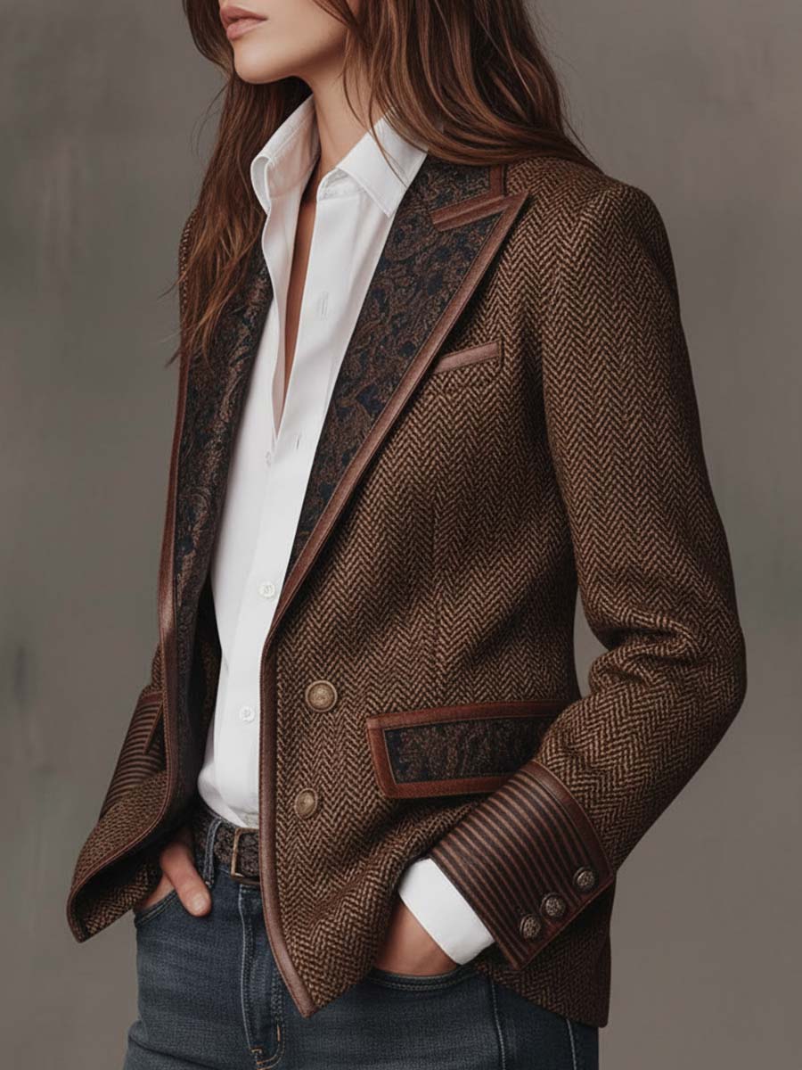 Houndstooth Women's Blazer with Printed Panels
