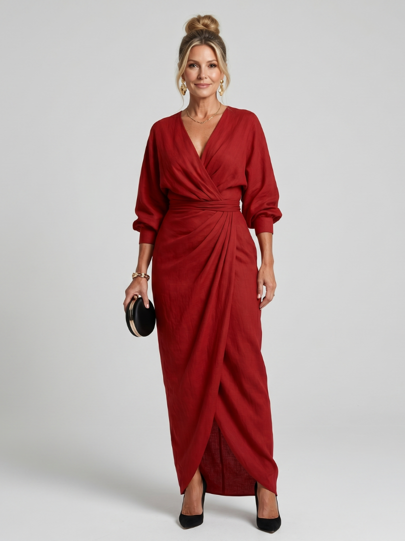 Fable | Long Sleeve Wrap Overlap Skirt Midi Dress