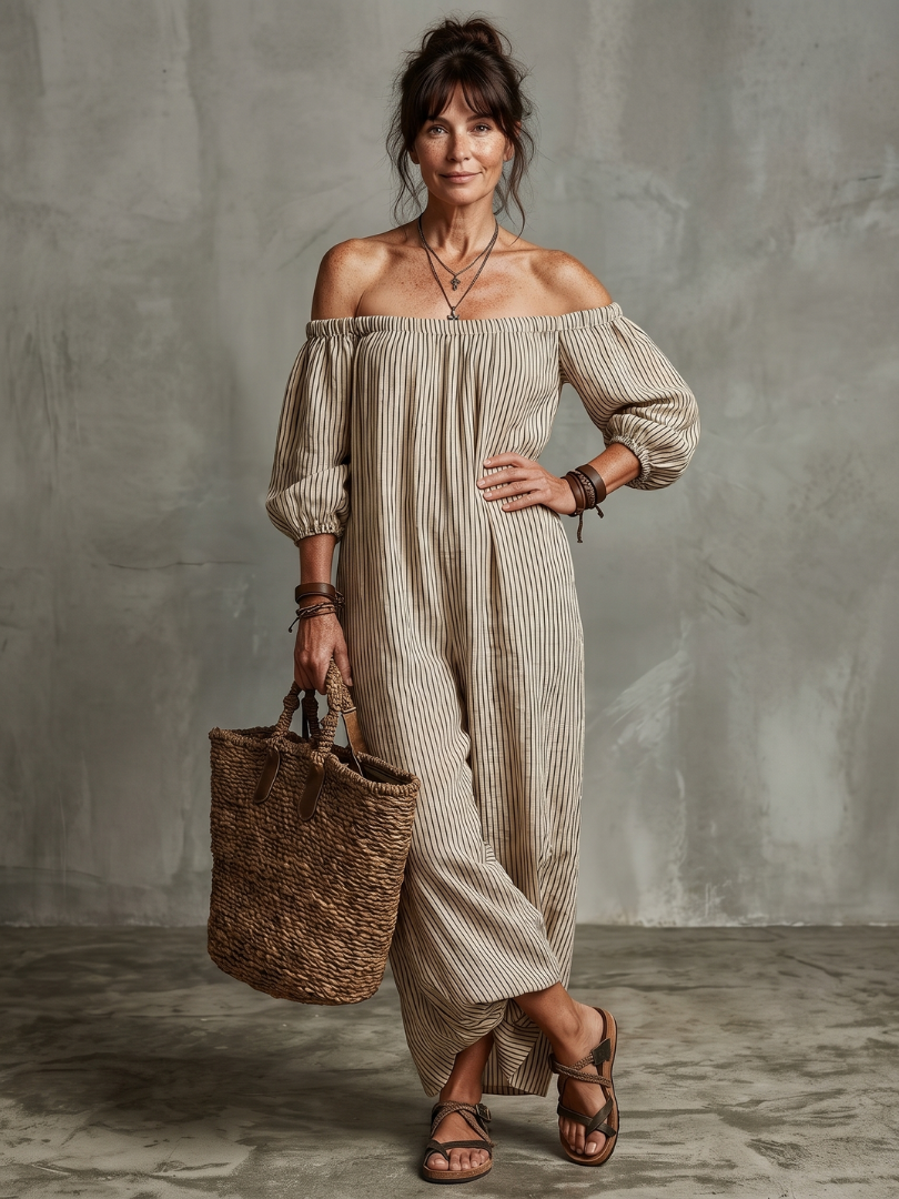 Euphemia | Striped Pattern Off Shoulder Maxi Dress