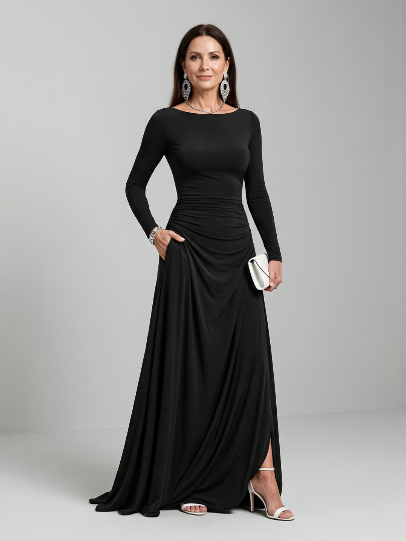 Gyram | Long Sleeve Boat Neck Flowing Maxi Dress