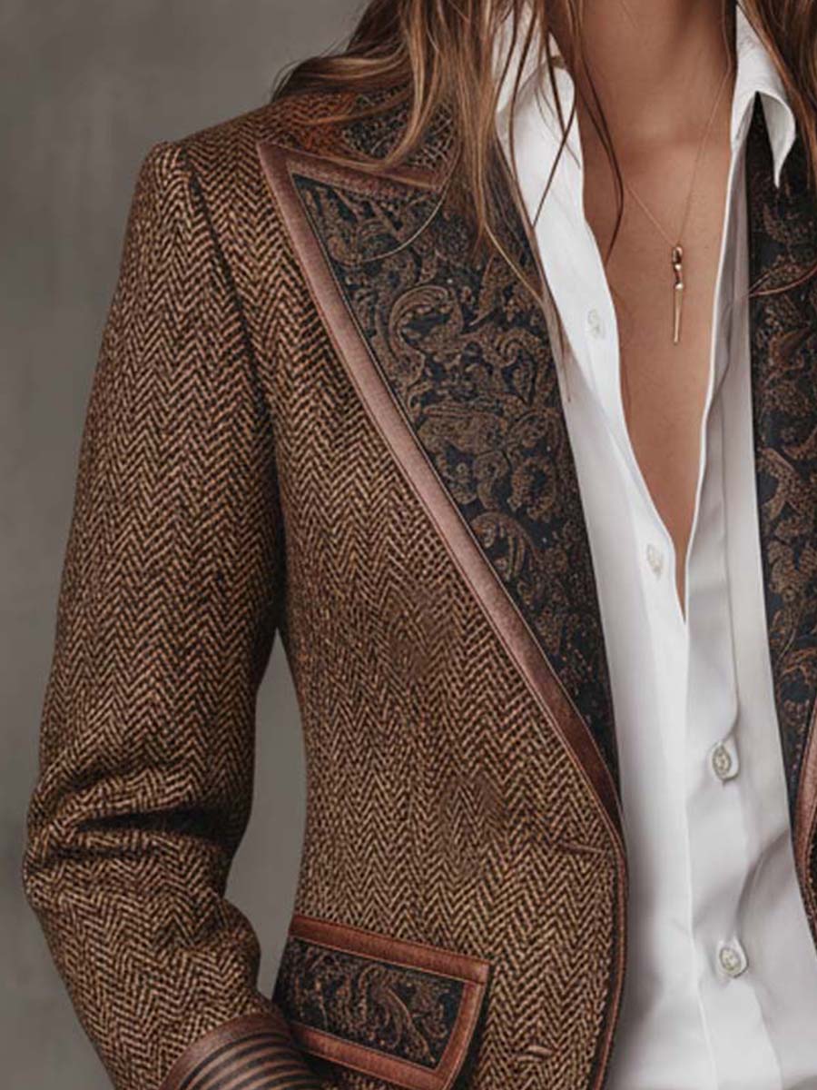 Houndstooth Women's Blazer with Printed Panels