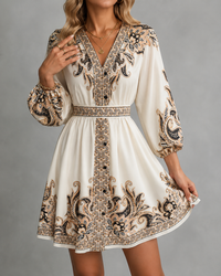 Printed V-neck three-quarter sleeve tie waist dress