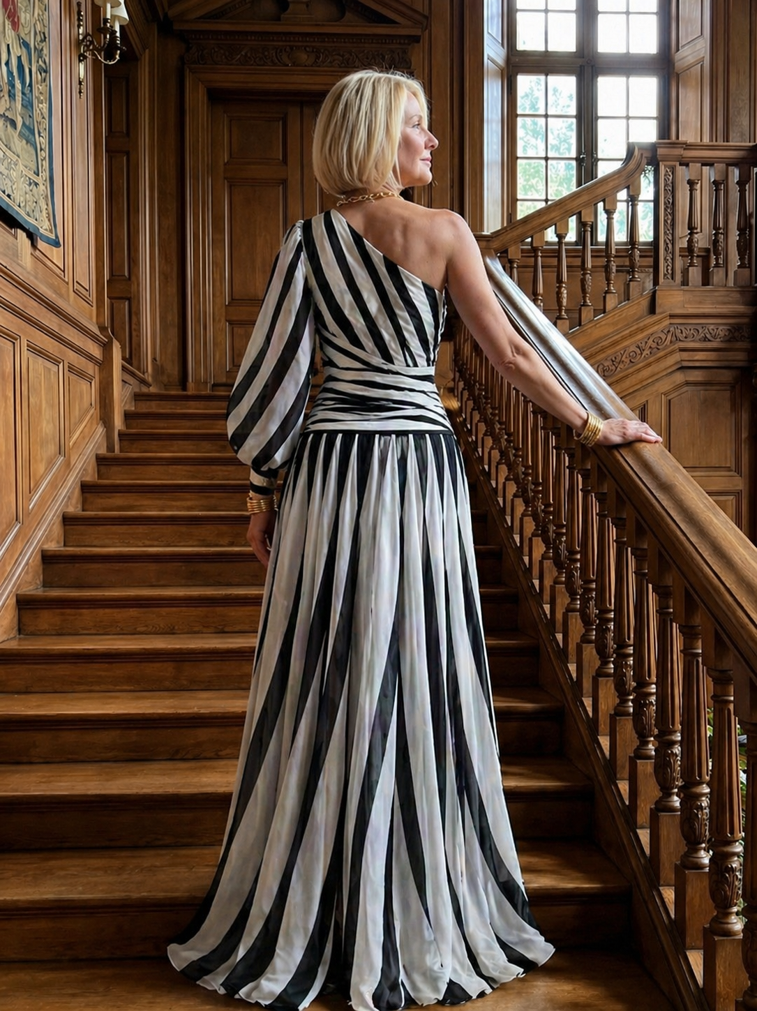 Ellis & Johnson™ | Elegant Striped Maxi Dress with One Shoulder