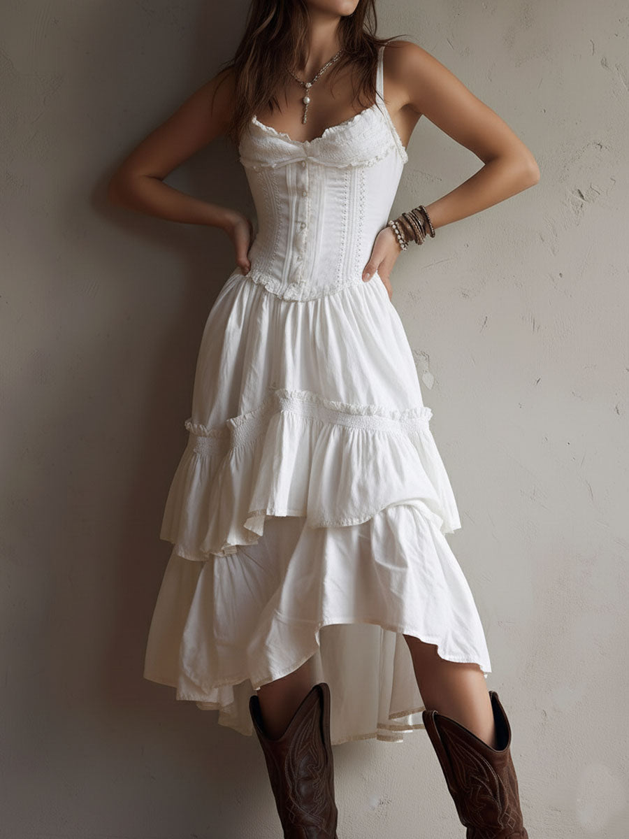 Maya | Lace-Trim Corset Tiered Midi Dress