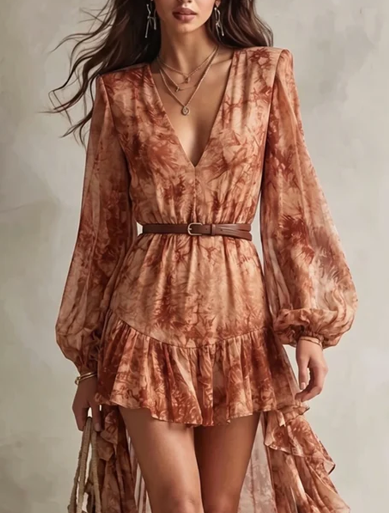 Clémence | Mini Dress Long Sleeves, V-Neck, Terracotta Floral Print