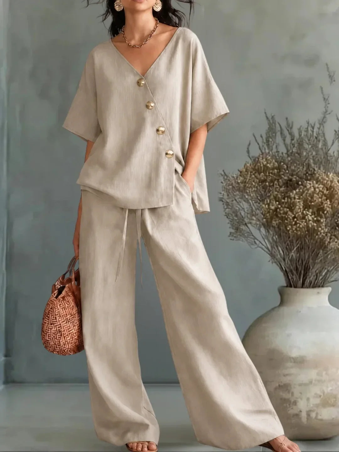 Imani | Two-Piece Set with V-Neck Blouse & Drawstring Palazzo