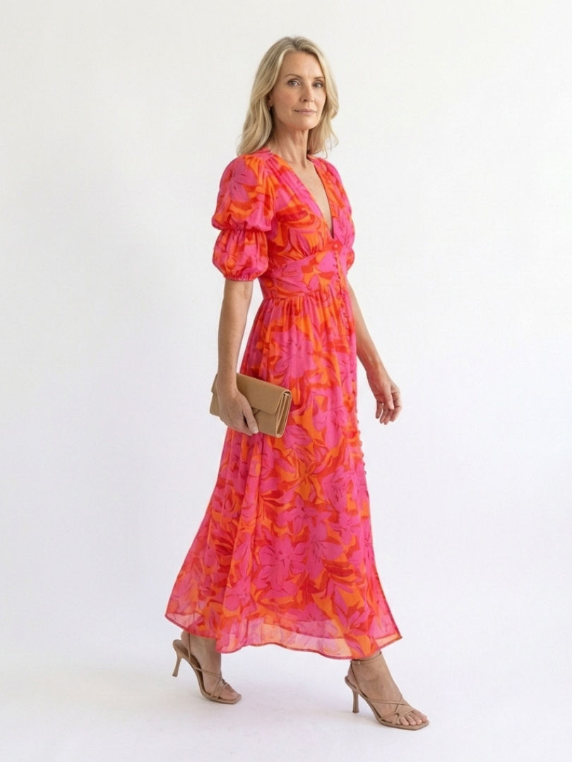 Ellis & Johnson™  | Floral V Neck Puff Sleeve Midi Dress