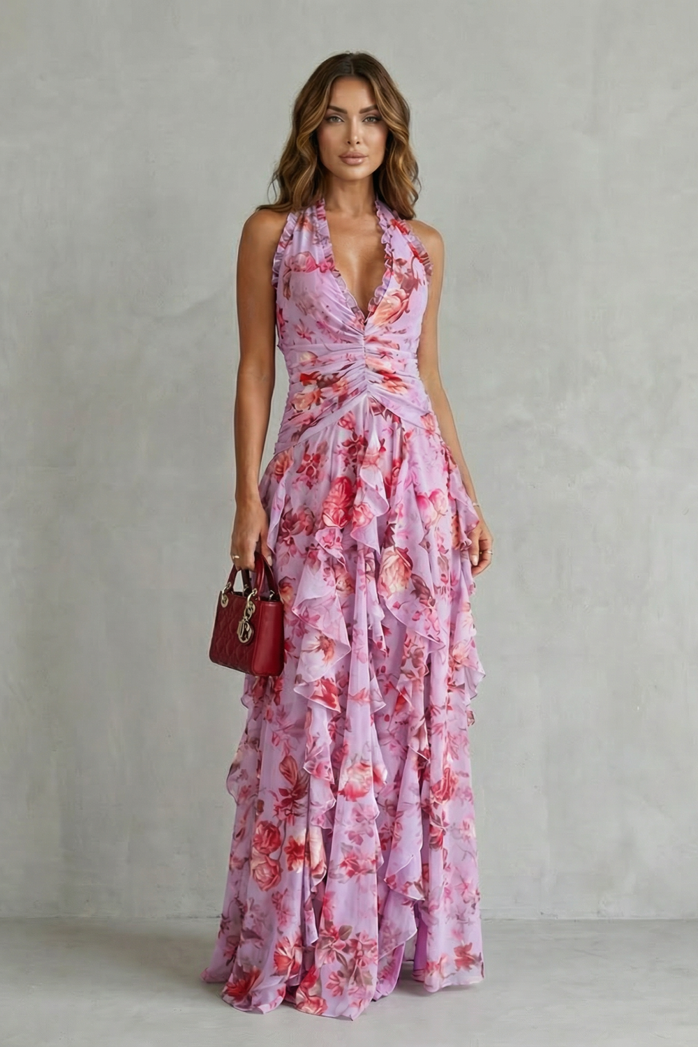 Belladina | Romantic Cascading Rose Long Dress with American Neckline