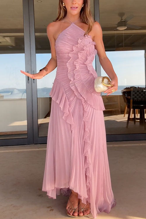 Margovil Strappy Halter Neck Ruffle Trim Asymmetric Hem Pleated Maxi Dress