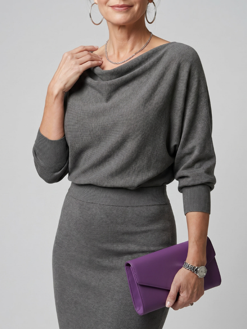 Romy | Draped Neckline Fitted Skirt Midi Dress