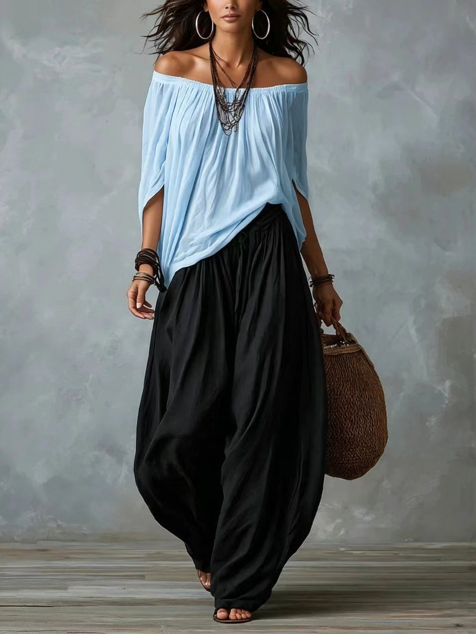 White Off-the-shoulder Top And Loose-fitting Lantern Pants Set