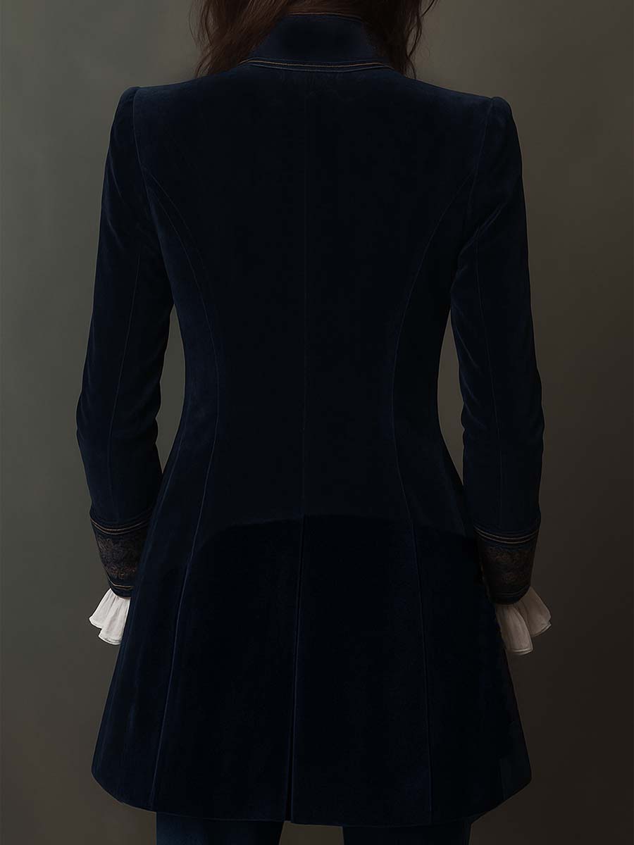 Vintage Navy Blue Embroidered Long Women's Jacket