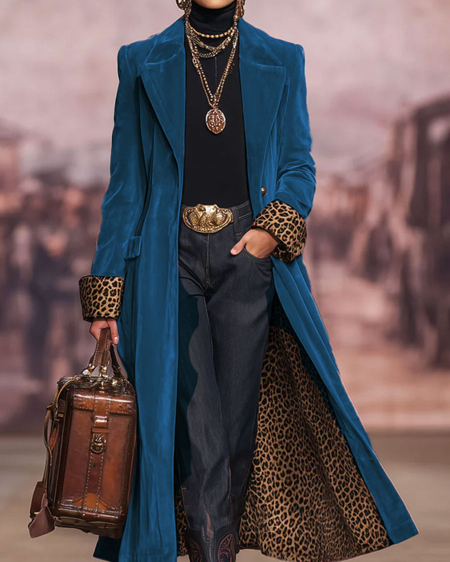 Alejandra | Long Velvet Coat with Leopard Lining