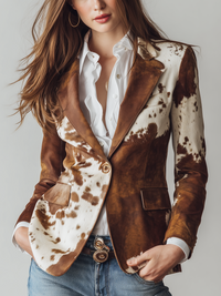 Eco-Friendly Vintage Women's Blazer with Cow Print