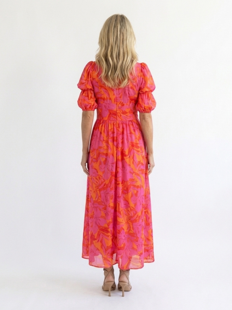 Ellis & Johnson™  | Floral V Neck Puff Sleeve Midi Dress