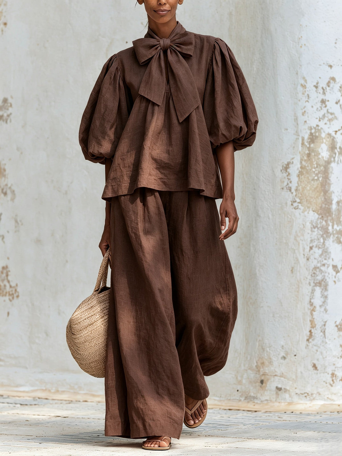 DELPHINE | Bow-Neck Top and Pants Set – Wells & Rose