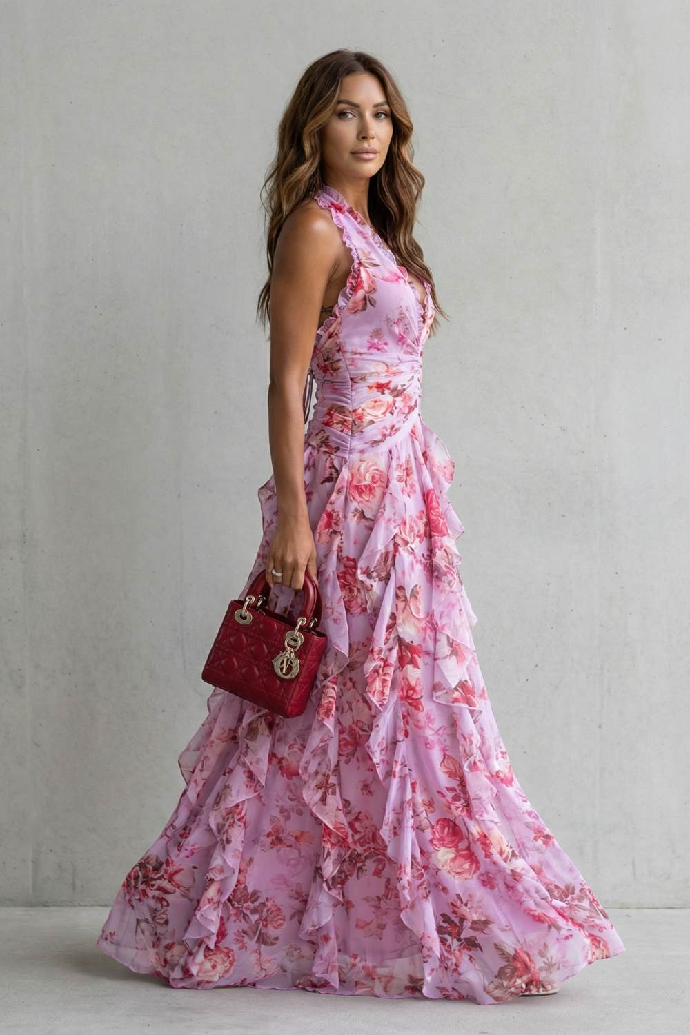 Belladina | Romantic Cascading Rose Long Dress with American Neckline
