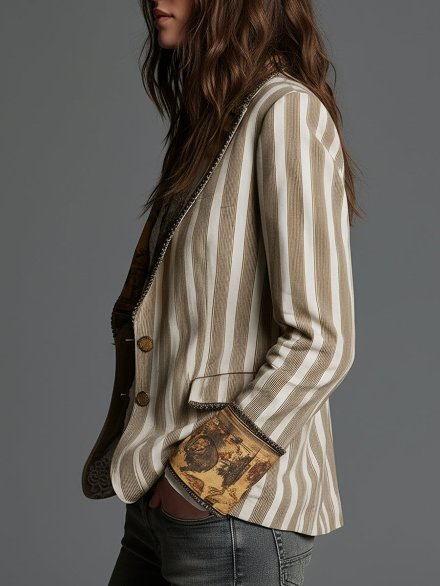 Women's Blazer with Lapels and Bohemian Stripe Print