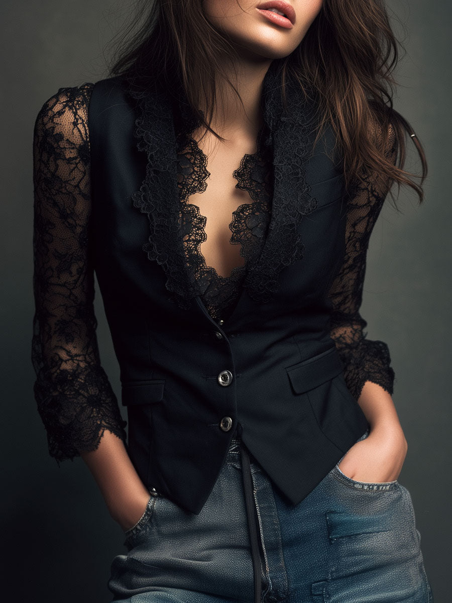 Consuelo | Black Blazer with Sheer Sleeves