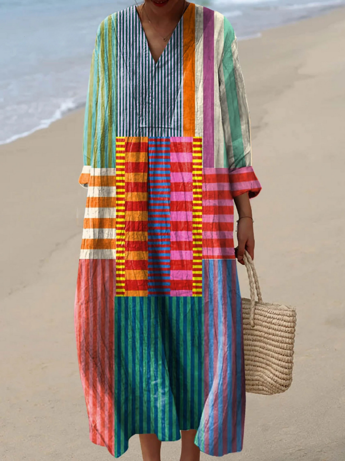 Nora | Boho Maxi Dress, Rainbow Stripe Patchwork