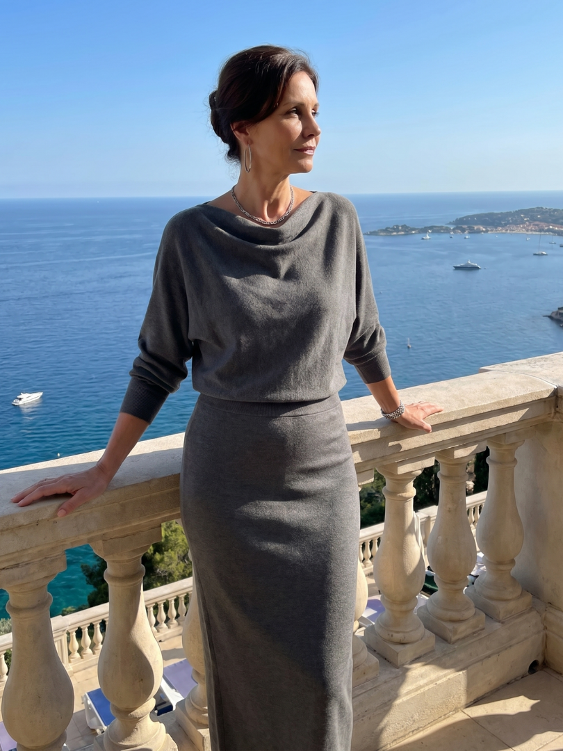 Romy | Draped Neckline Fitted Skirt Midi Dress