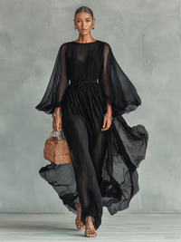 Greta | Pleated Sheer-Sleeve Belted Midi Dress for Women