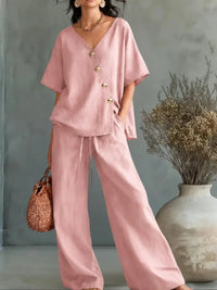 Imani | Two-Piece Set with V-Neck Blouse & Drawstring Palazzo