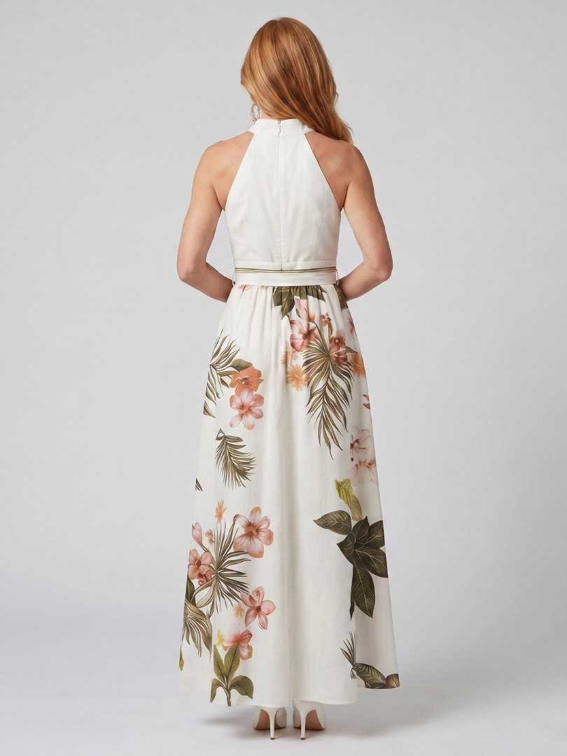 Meadow | Draped Halter Botanical Panel Maxi Dress