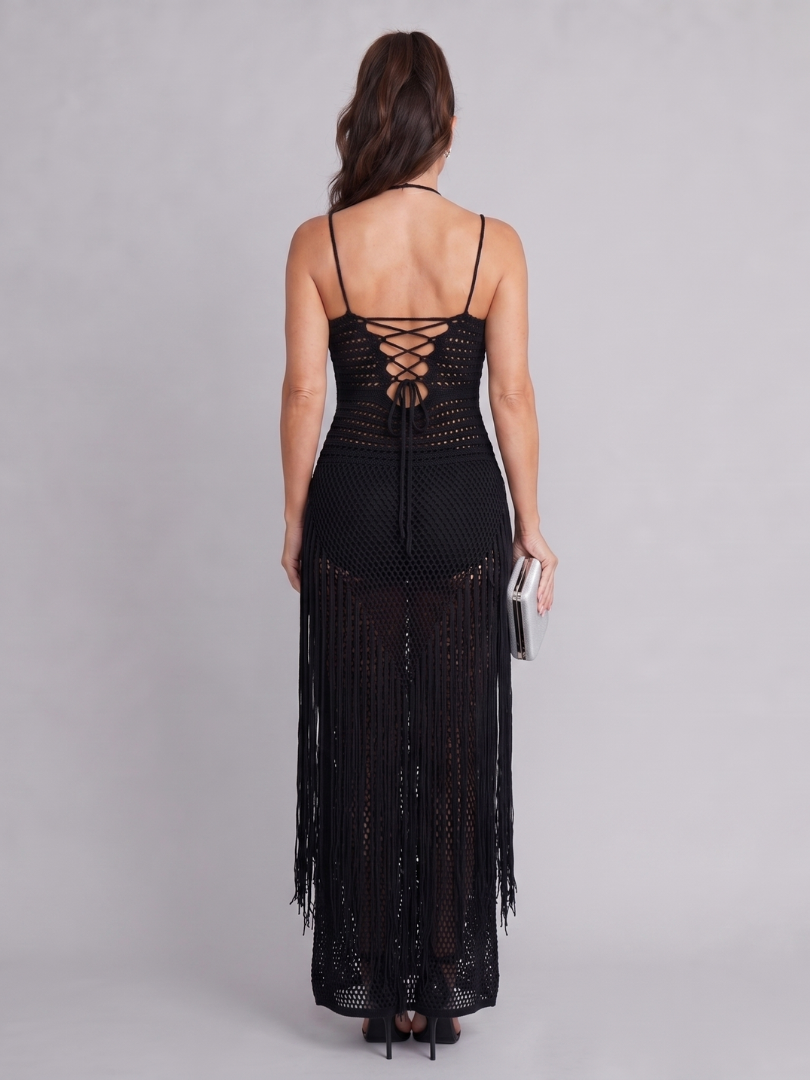 Zephyrine | Crocheted Halter Maxi Dress with Fringes