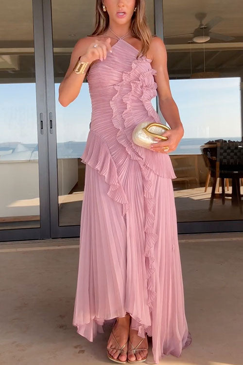 Margovil Strappy Halter Neck Ruffle Trim Asymmetric Hem Pleated Maxi Dress